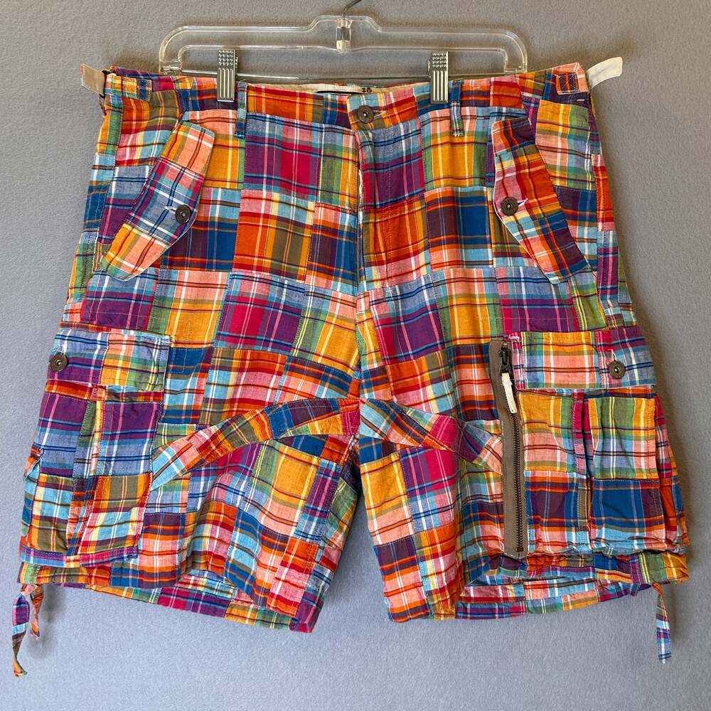 Polo Ralph Lauren Patchwork Madras Cargo Shorts Mens 36 Multicolor Cotton Plaid